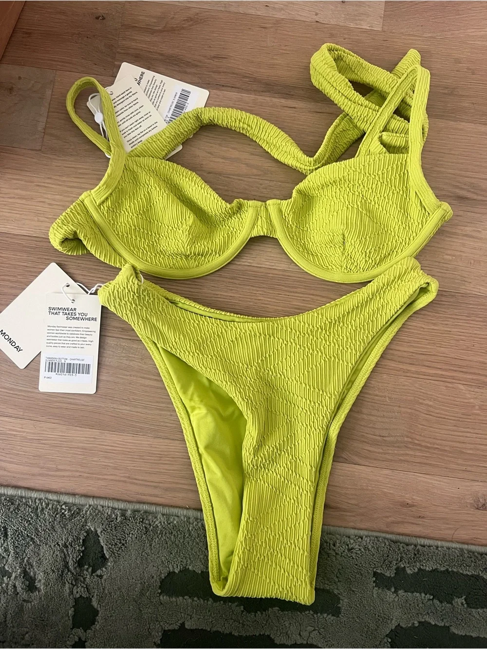 Monday Swimwear Capri Top (S) and Tamarama Bottom (M) in Chartreuse Plaid